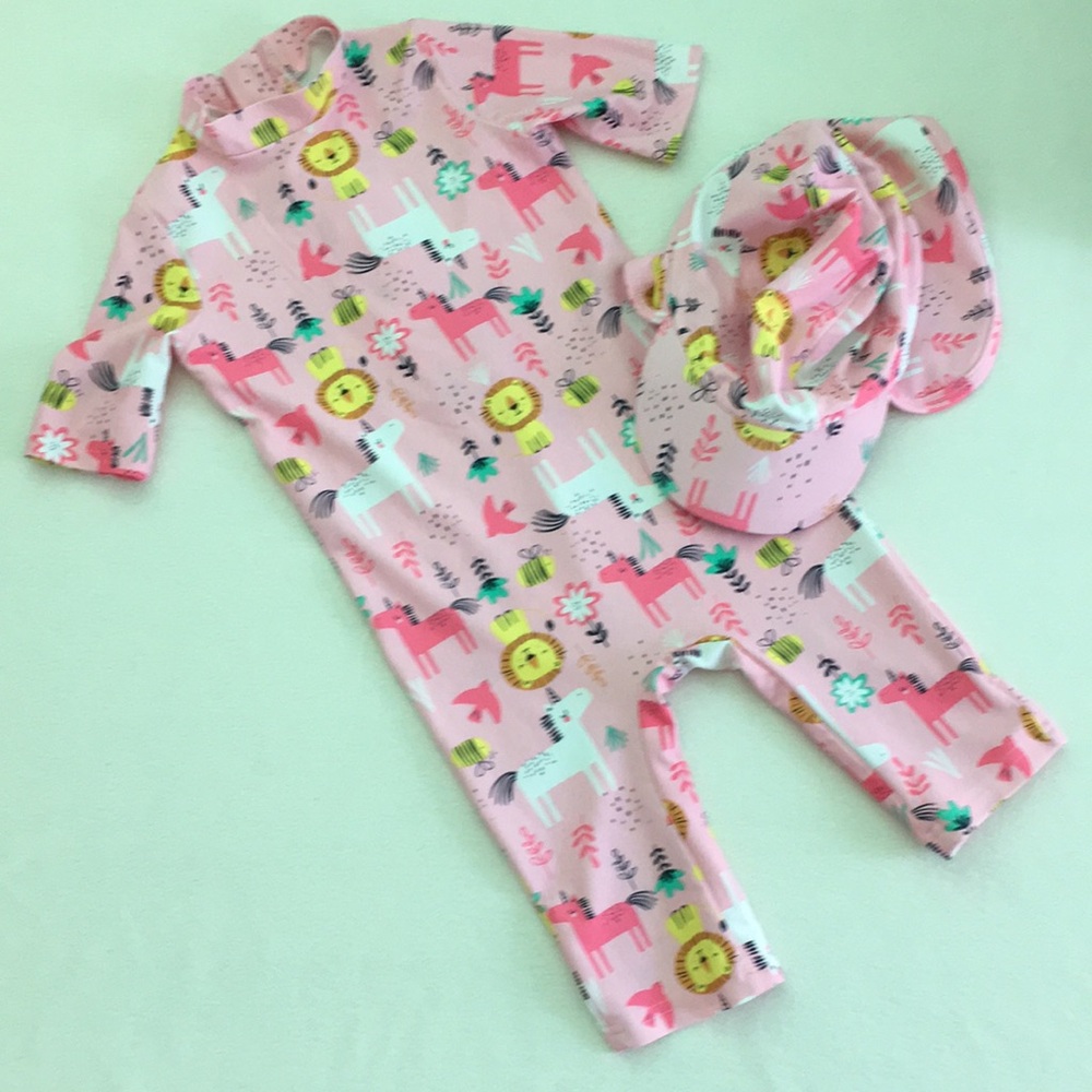 Pink Rash Guard Swim Suit with Matching Hat